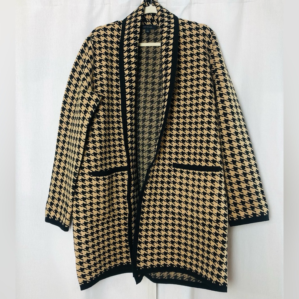 Ann Taylor Houndstooth Long Coatigan Duster Cardigan Sweater Large Black Beige